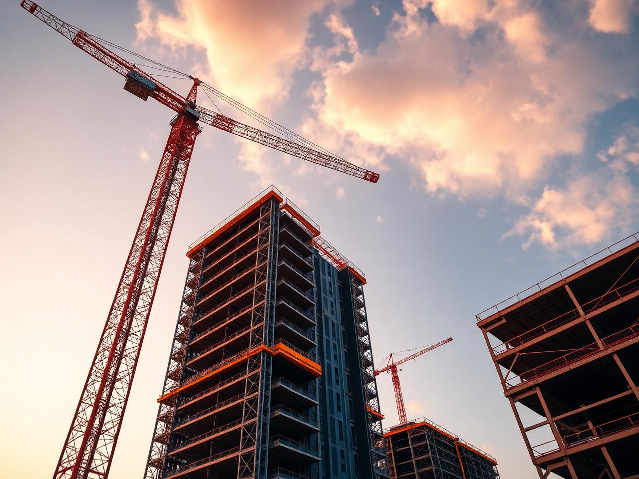 High-rise structure and tower crane at sunset